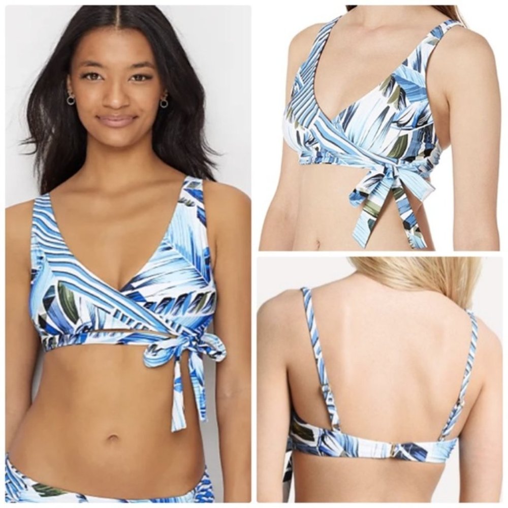 NWT La Blanca Two Cool Palm Tree Print Surplice Faux Wrap Bikini Top